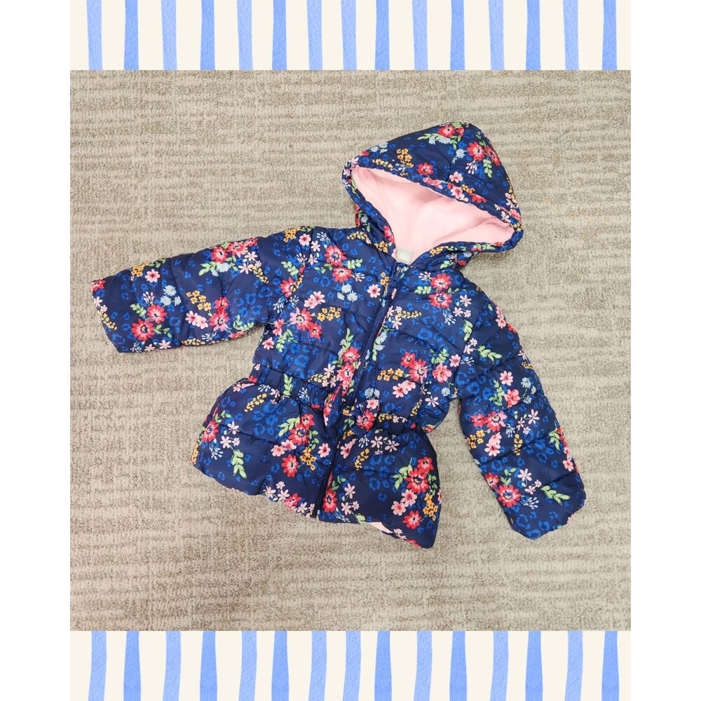 Little Me girls floral puffer hood heavyweight jacket blue pink size 2T